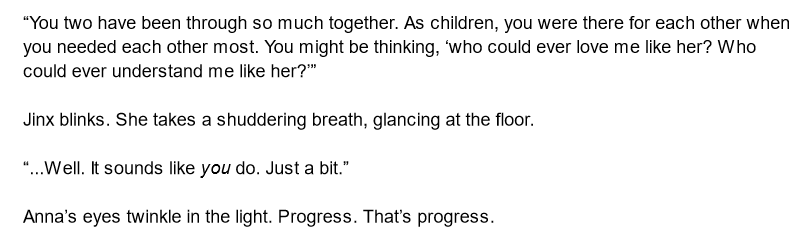 Arcane , lightcannon , one-sided (?) vijinx , ~3k

---

Jinx has mixed feelings about her new therapist-- to say the least. 

I proudly present: "Displacement". Read it here! ^^

archiveofourown.org/works/60853489