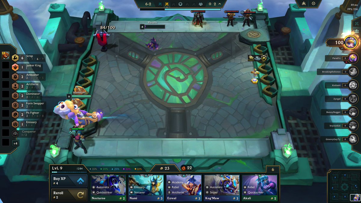 Mandala3rdE's tweet photo. Been tackling the ranked climb super slowly this set, but got my second ever perfect 100 game, so that's something. #TFT https://t.co/AD7MtymS3u