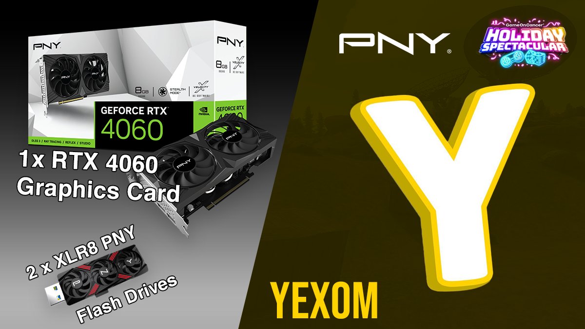 Yexom (@yexom_) on Twitter photo For November I am fundraising for <a href="/GameOn_Cancer/">Game On Cancer®</a> to support their #HolSpec2024 fundraiser!
Thanks to <a href="/PNY_ANZ/">PNY Gaming ANZ</a> I have 1 RTX 4060 GPU and 2 XLR8 PNY flash drives to give away!
Every $10 gets you 1 entry!
Donate here to support enter the the giveaway: tinyurl.com/yexomcharity For November I am fundraising for <a href="/GameOn_Cancer/">Game On Cancer®</a> to support their #HolSpec2024 fundraiser!
Thanks to <a href="/PNY_ANZ/">PNY Gaming ANZ</a> I have 1 RTX 4060 GPU and 2 XLR8 PNY flash drives to give away!
Every $10 gets you 1 entry!
Donate here to support enter the the giveaway: tinyurl.com/yexomcharity