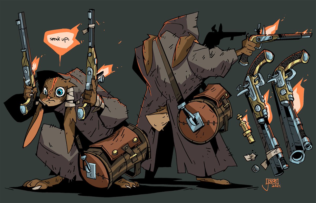 Lucey Longmurder!
Defending the Warrens for days on end has left this gunslinging gal totally deaf! Lucey rigs areas to explode and scrawls out intricate maps for her comrades in order to help them navigate the woods without exploding into a billion bunny bits! #characterdesign