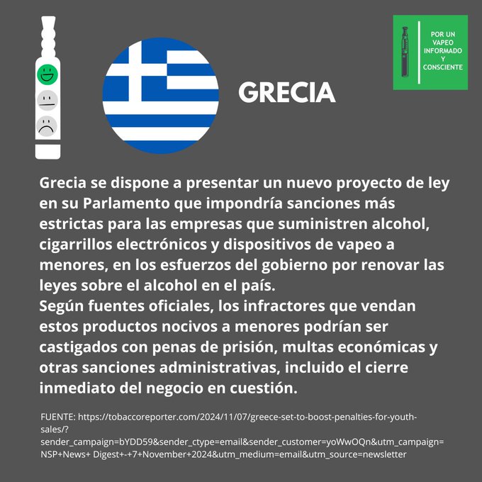 Grecia: Grecia se dispone a presentar un nuevo proyecto de ley en su Parlamento que impondría sanciones más estrictas para las empresas que suministren alcohol, cigarrillos electrónicos y dispositivos de vapeo a menores, en los esfuerzos del gobierno por renovar las leyes sobre el alcohol en el país. Según fuentes oficiales, los infractores que vendan estos productos nocivos a menores podrían ser castigados con penas de prisión, multas económicas y otras sanciones administrativas, incluido el cierre inmediato del negocio en cuestión.