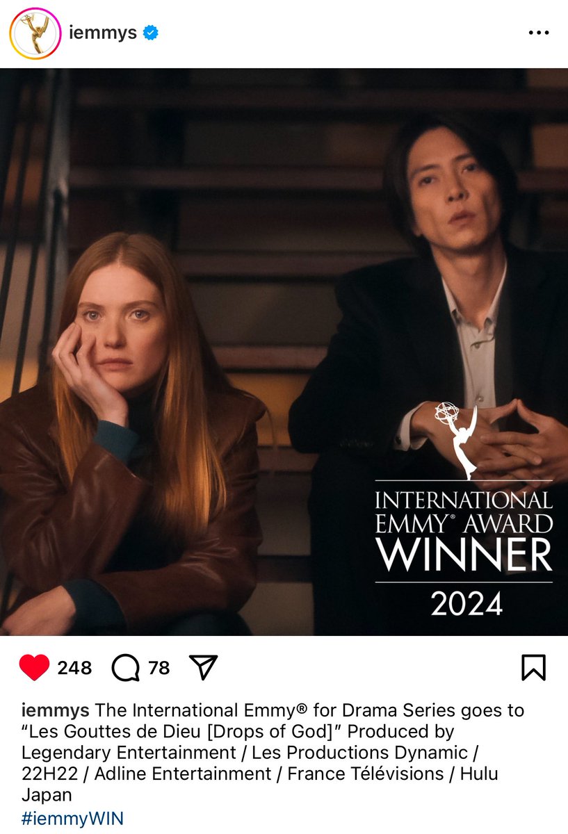 Tomohisanine's tweet image. 神の雫がエミー賞取りました！！！🏆
やったー！！！と思わず叫びました！
本当に嬉しいです！心より感謝です！！！

#神の雫
#dropsofgod
#エミー賞
#EmmyAwards