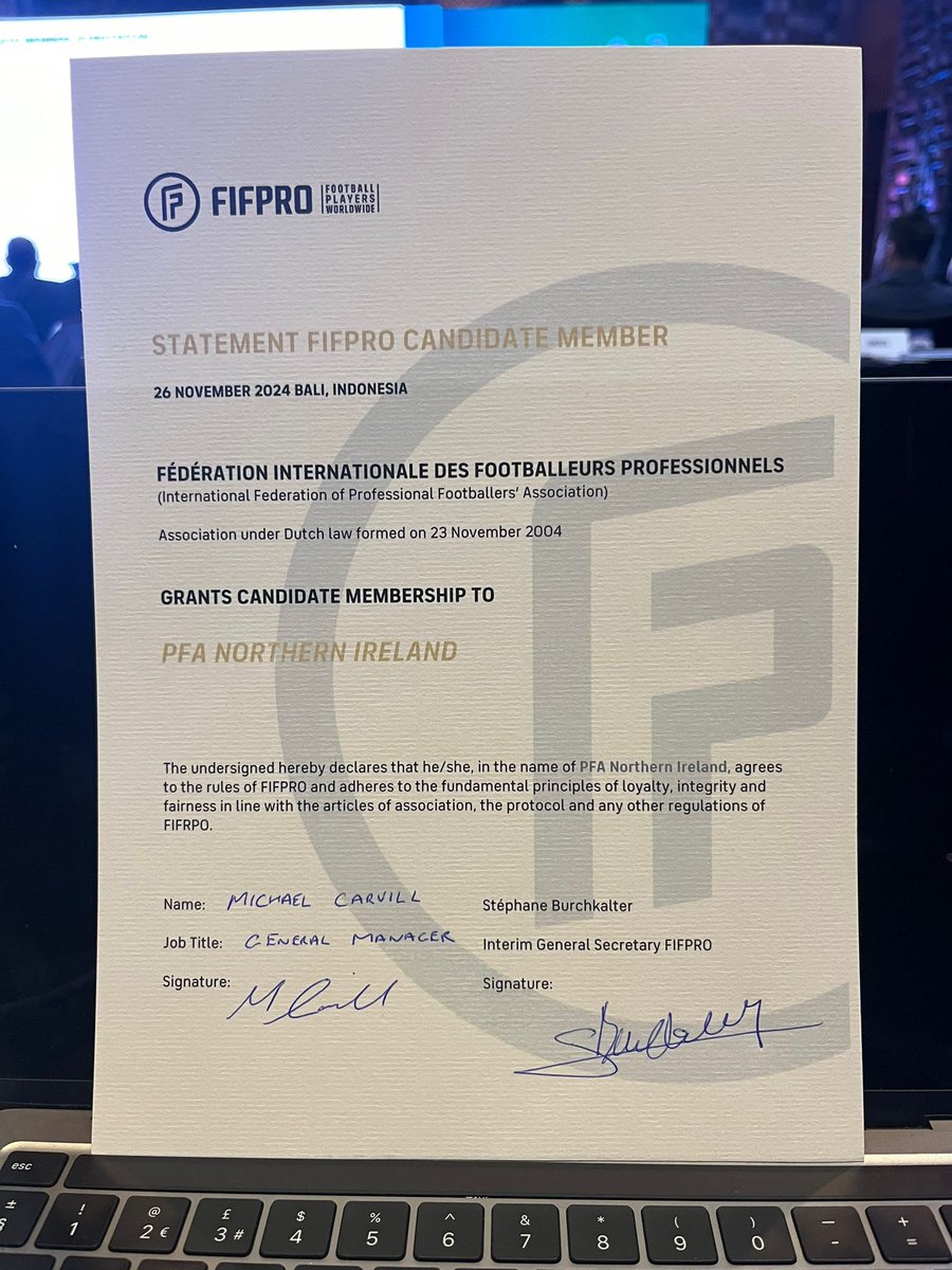 Today sees a truly momentous occasion in the journey of the PFA Northern Ireland.📖

We are delighted to have been awarded Candidate Member Status by <a href="/FIFPRO/">FIFPRO</a> at the Annual General Conference in Bali, Indonesia. 🇮🇩

1/4