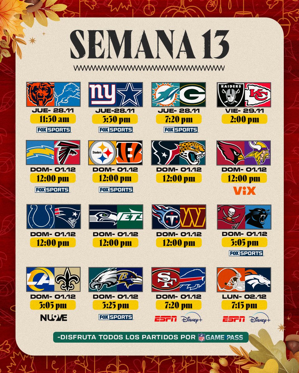 nflmx's tweet photo. ¡LLEGÓ LA SEMANA DEL 🦃! 🏈🍿

La semana 13 abre con la tradicional triple cartelera de Thanksgiving y el juego de Black Friday acompañada de otro gran domingo de NFL y el MNF, ¿listos? 🤩🫡

📺📱: @FOXSportsMX / @TUDNMEX por @VIX y @ElNueveOf / @ESPNmx / @disneyplusla 

#NFLMX https://t.co/vUjHDUxNGw