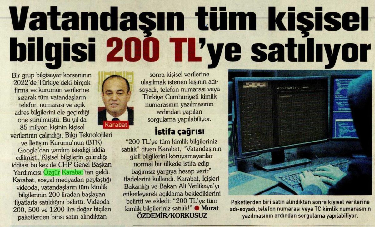 Vatandaşın tüm kişisel verileri, internette 200 liraya satılıyor! 
<a href="/gazetepencere/">Gazete Pencere</a> <a href="/KararHaber/">Karar Haber</a> 
<a href="/gazetesozcu/">Sözcü</a> <a href="/korkusuzgazete/">Korkusuz</a>