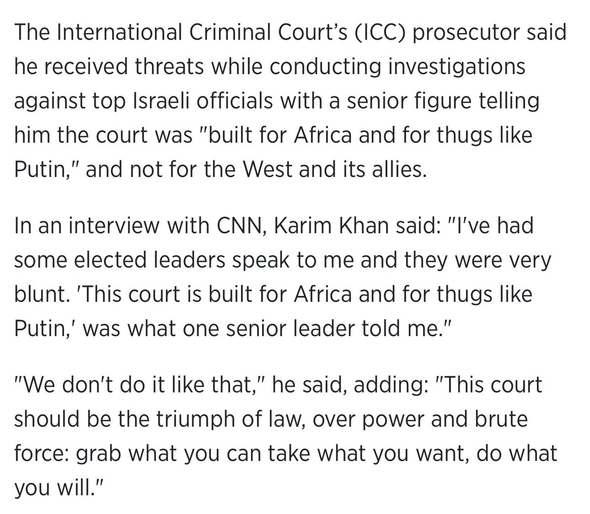 Earlier this year, Karim Khan said he had elected leaders call him to say “This court is built for Africa and for thugs like Putin” and a couple months later, WaPo editorial board comes out with this. Western media continues to embarrass itself with shameless, racist propaganda.