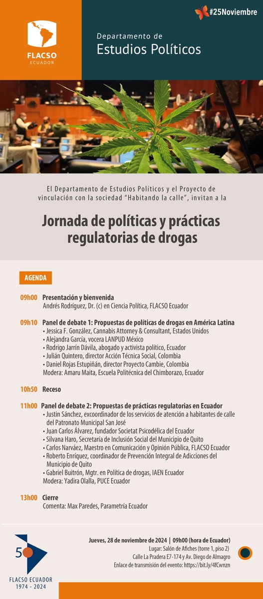 andresrodmera's tweet photo. Este  jueves 28 de noviembre, 09h00 a 13h00 se realizará la Jornada de  políticas y prácticas regulatorias de drogas en el Salón de afiches  (piso 2, torre 1) de @FLACSOec . También se podrán unir mediante el siguiente link de transmisión: https://t.co/SxCZet2YxH 

#DrugDecrim https://t.co/Dq3AWScbZf
