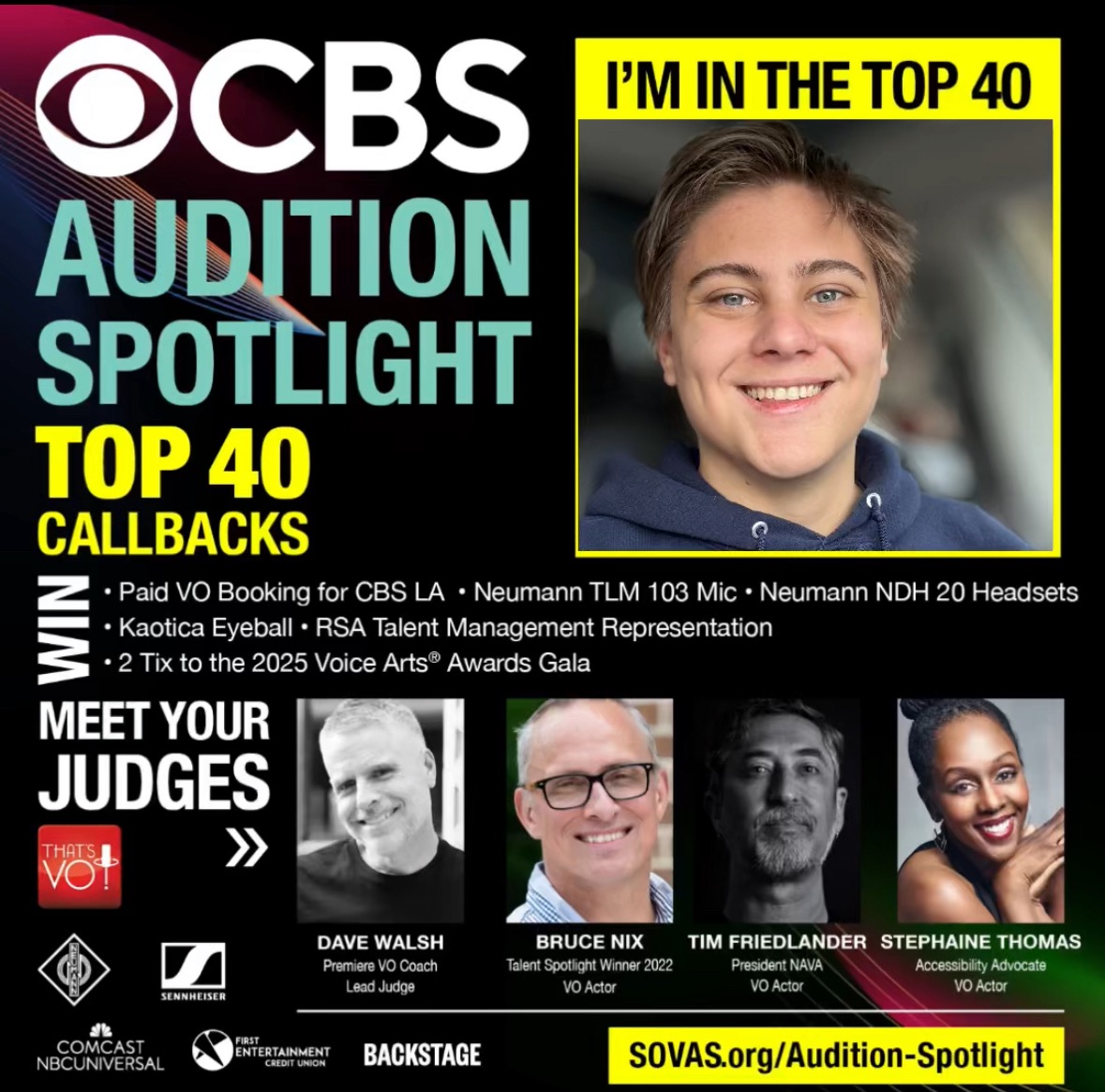 What a surprise!! --Out of 1,000+ submissions, I’ve been selected as one of the TOP 40 CALLBACKS  at <a href="/ThatsVoiceover/">That's Voiceover!</a>.  A huge honor to be included with the 39 voice mega talents. Thanks <a href="/Joanthevoice/">Joan Baker</a>  <a href="/rgaskins1/">Rudy Gaskins</a> &amp; <a href="/SovasVoice/">Society of Voice Art</a> judges for including me. Congrats to the 39!