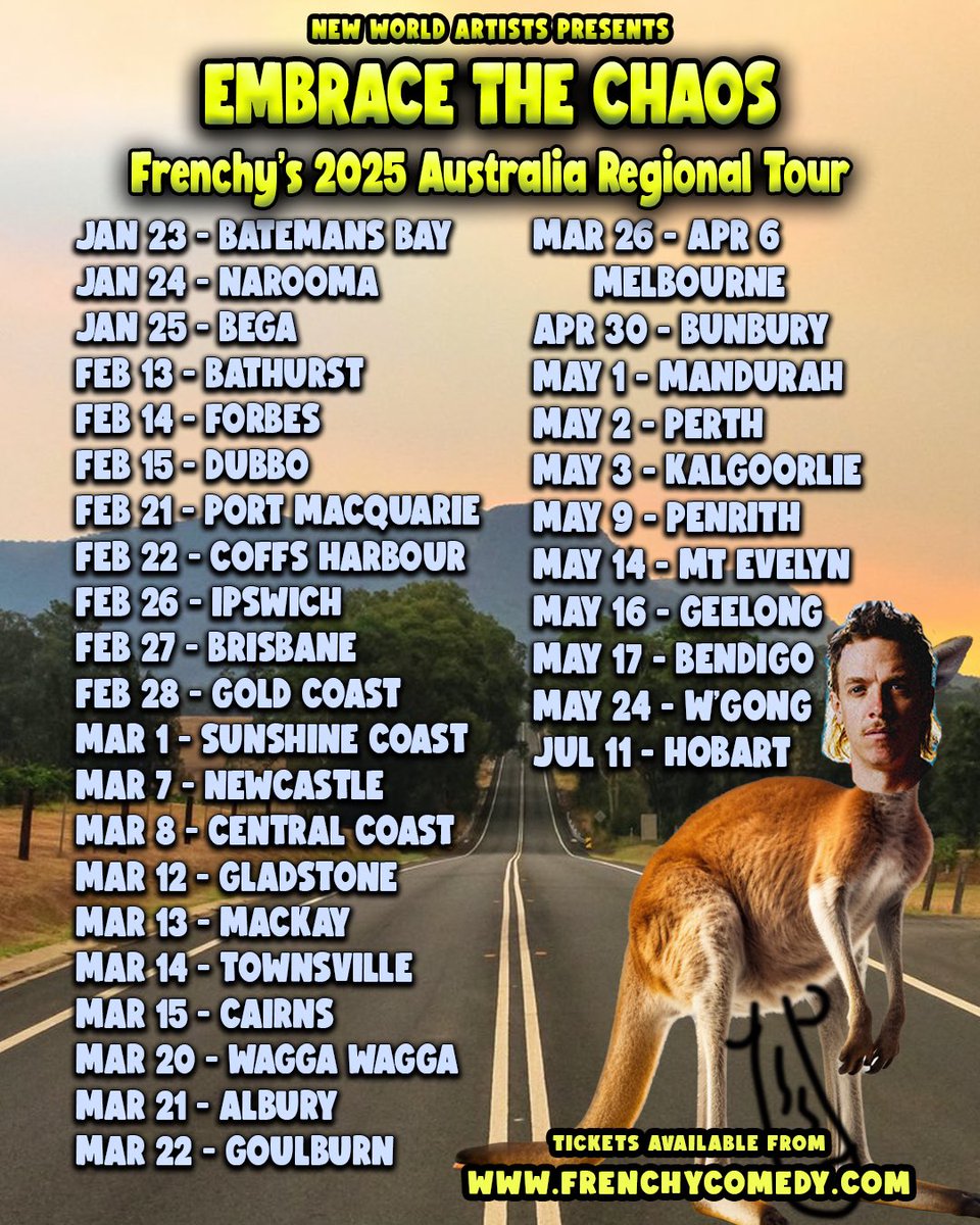 Just announced - My 2025 Regional Australia Tour!

Can’t wait to take this chaotic masterpiece all over Aus. On sale now! 🤙🏻🍻👟🦘