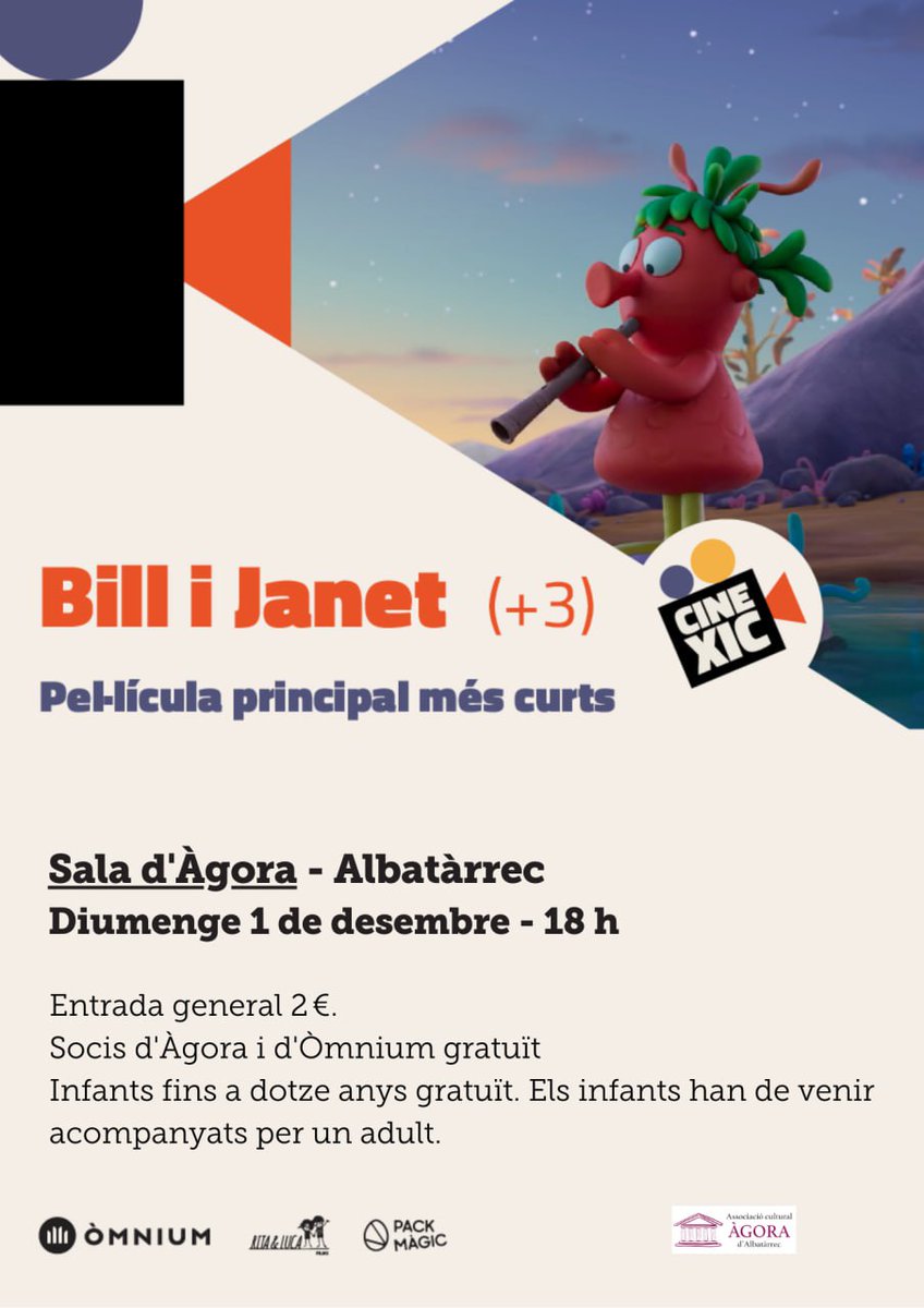 🎥 SESSIÓ  CINEXIC!  
📅  *Diumenge 1 Desembre* 
🕕 *18:00* hores
📍 *Espai Àgora*  Plaça Sant Salvador 12, 1b Albatàrrec.
🚸 Edat recomanada: *a partir de 3 anys* .  *Durada  58'* 
 📝Inscripcions: acortar.link/N6E3ni