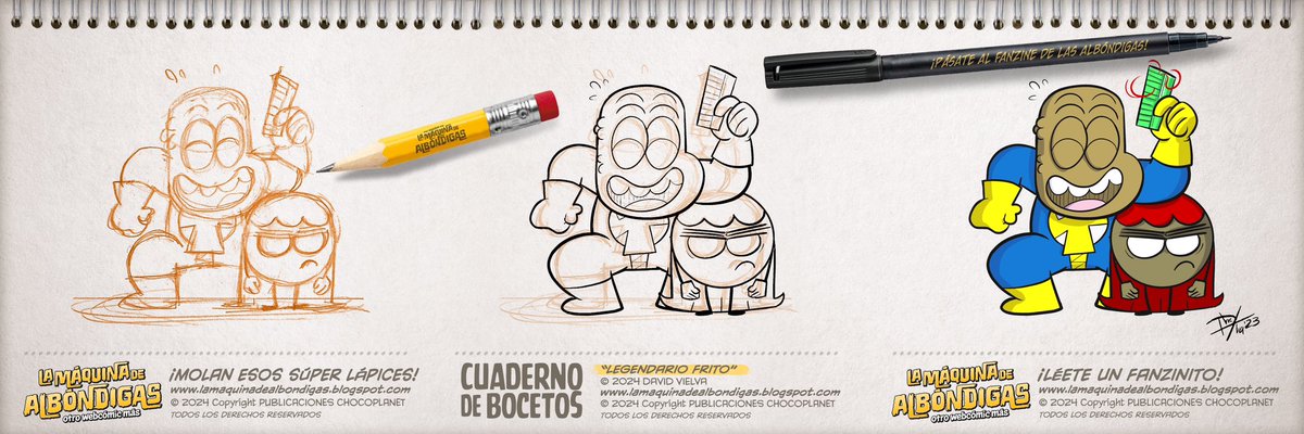 ¡MÁS SÚPER BOCETOS! de los PERSONAJES del FANZINE de <a href="/comicALBONDIGAS/">La Máquina de Albóndigas</a> ¡TODO PODER CONLLEVA UNA RESPONSABILIDAD! Y nuestra responsabilidad es darte CALIDAD. Y de eso sabe @davidvielva con su SERIE DE CÓMIC “LEGENDARIO FRITO” ¡MOLA ESE LÁPIZ!
¡LÉETE UN FANZINE!
#fanzine #comic