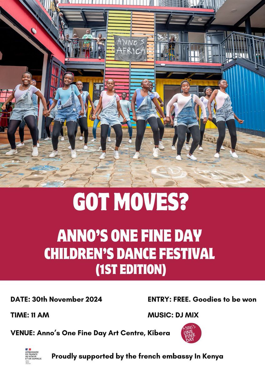 AOnefineday's tweet photo. Hii Sato,the 30th of Nov, all roads lead to @AOnefineday for the first edition of #aofdchildrensdancefestival! All teams are ready! Come cheer them as we check out who the champions are. Asante @FranceinKenya for making this possible #artsisfun #danceislife #kiberatotheworld https://t.co/xxEFq68hna