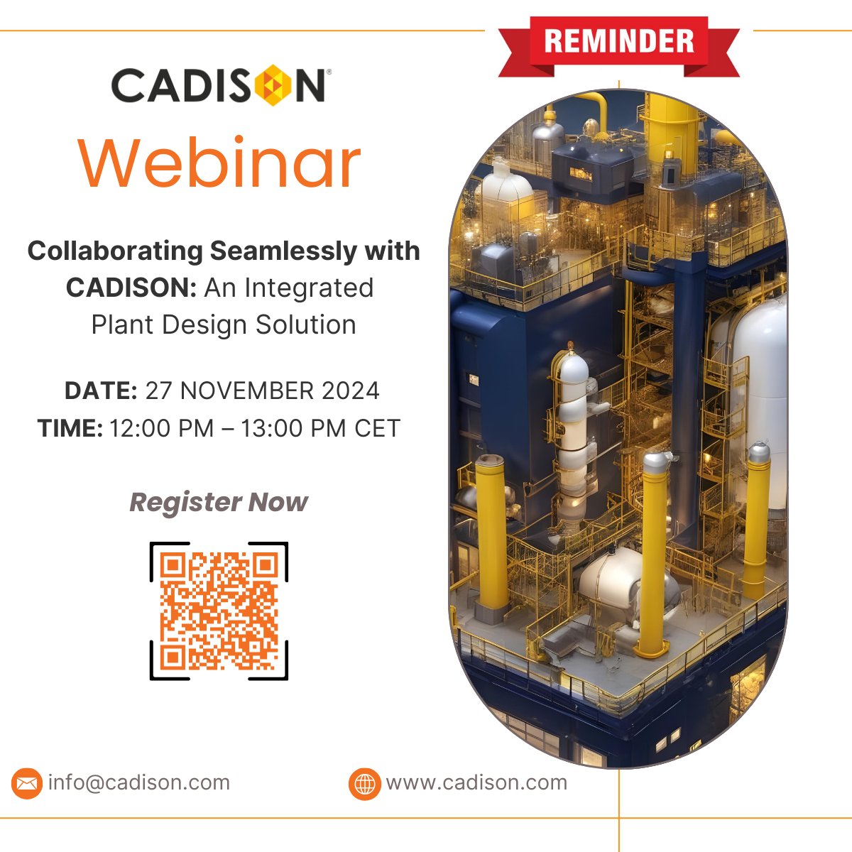CADISON3D's tweet image. Last Chance to Register! cadison.com/en/webinar-27-…
Join our free webinar, &quot;Collaborating Seamlessly with CADISON - An Integrated Plant Design Solution,&quot; and transform the way you manage your #PlantDesign projects.
#PlantEngineering #projectworkflows #workflow #Processindustry