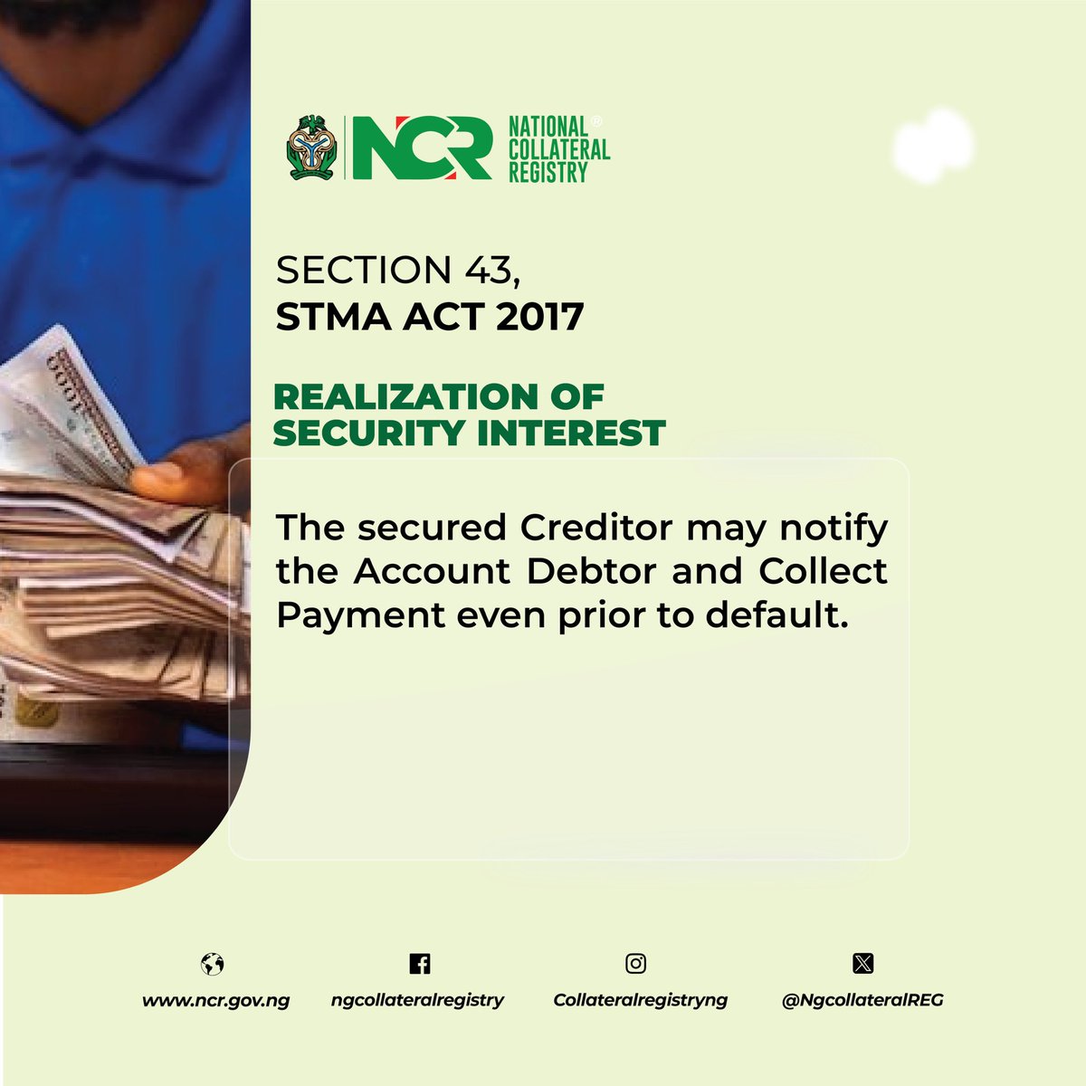 NGCollateralREG's tweet photo. Under Section 43 of the Secured Transactions in Movable Assets (STMA) Act 2017, a secured creditor can notify the account debtor and collect payment even before default occurs. 

Follow for more: https://t.co/3lktdCgKCm https://t.co/VZAoF7VI4y