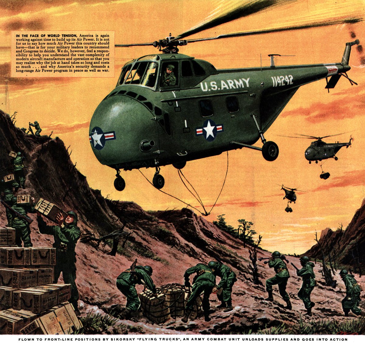 LRonLacy's tweet photo. #THISWEEK in 1952
‘Flown to front-line positions by Sikorsky “Flying Trucks”, an Army combat unit unloads supplies and goes into action’’
#illustration #illustrationart #USArmy #CombatOperations #helicopters #militaryTransport #Sikorsky #aircraft #airPower https://t.co/9948DaayjH