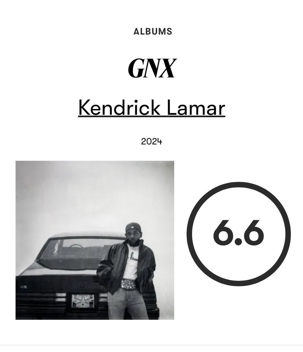 nfr_podcast's tweet photo. Kendrick Lamar’s 'GNX' receives a score of 6.6 from Pitchfork.

His lowest score from them yet. https://t.co/DdK8Q0aSM0