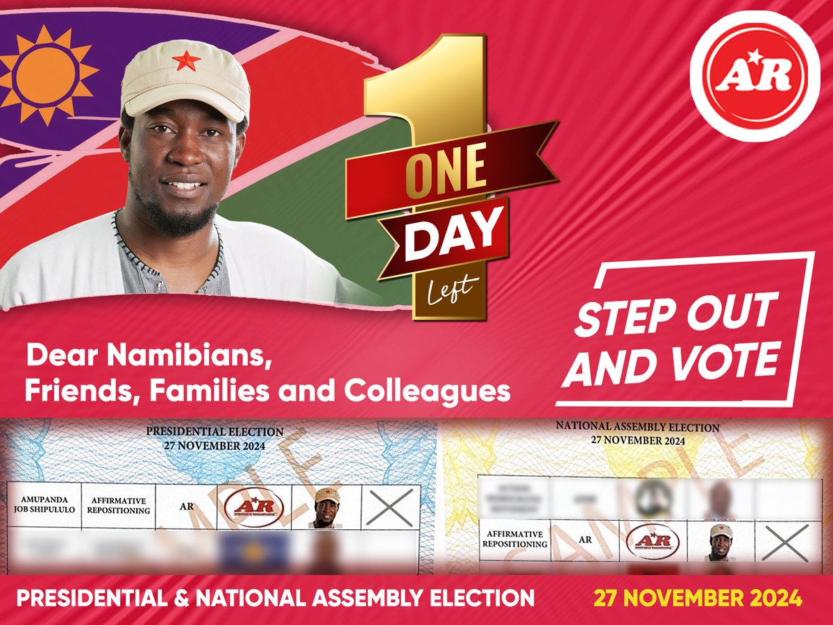 G_Kambala's tweet image. The Time Is Now!
Namibia, tomorrow we make history! This is our chance to bring justice, dignity, and power back to the people. Prepare to rise, vote, and lead the revolution! A vote for AR is a vote for a better Namibia. #VoteAR #TheFutureIsOurs"