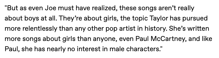 Rob Sheffield strikes again
"She’s written more songs about girls than anyone"