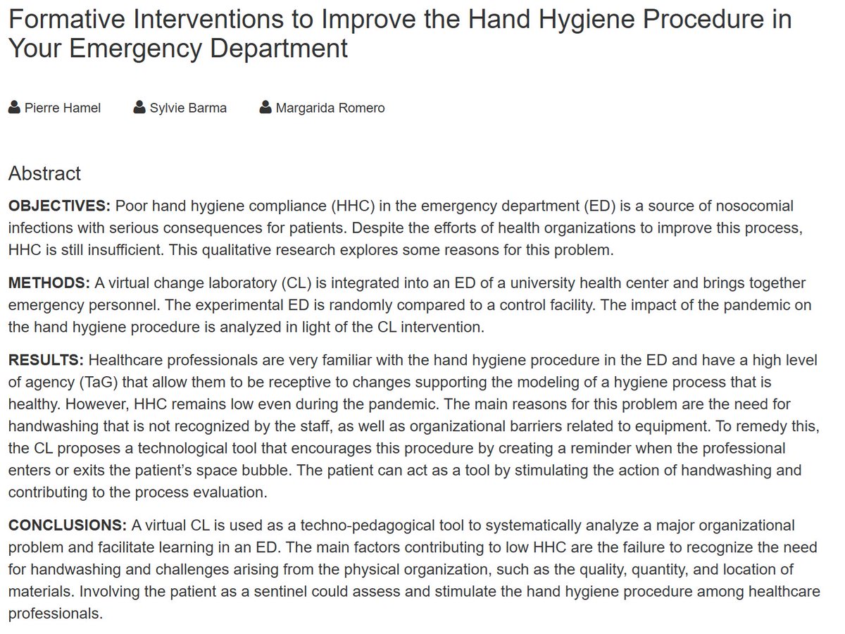 Can a #changeLab #formativeIntervention enhance hand hygiene practices? 🧐➡️📰 Formative Interventions to Improve the Hand Hygiene Procedure in Your Emergency Department by Pierre Hamel, <a href="/SylvieBarma/">Prof. Sylvie Barma</a>, <a href="/margaridaromero/">Margarida ROMERO 🤓 #PPai6 #creacube</a>.  #openaccess ccsenet.org/journal/index.… #changelab #CHAT