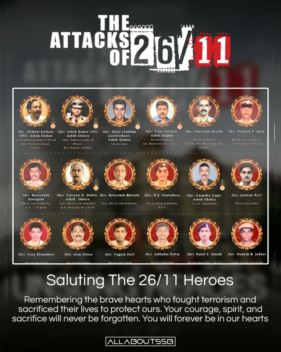 AllAboutSSB's tweet photo. SALUTING THE 26/11 HEROES

Remembering the brave hearts who fought terrorism and sacrificed their lives to protect ours. Your courage, spirit, and sacrifice will never be forgotten. You will forever be in our hearts. https://t.co/eSr8ahdzxy