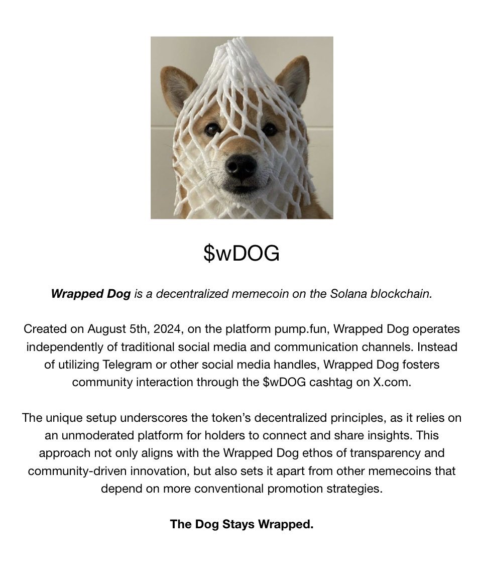 4OUR_ST's tweet photo. $wdog will be the next to billions:

- first mover
- no dev, no team, no official socials, no cabal (decentralized)
- organic exchange listings
- battle tested (survived -70% dips)

and the most important thing, the dog is wrapped

GYKmdfcUmZVrqfcH1g579BGjuzSRijj3LBuwv79rpump https://t.co/85b42CA7UN