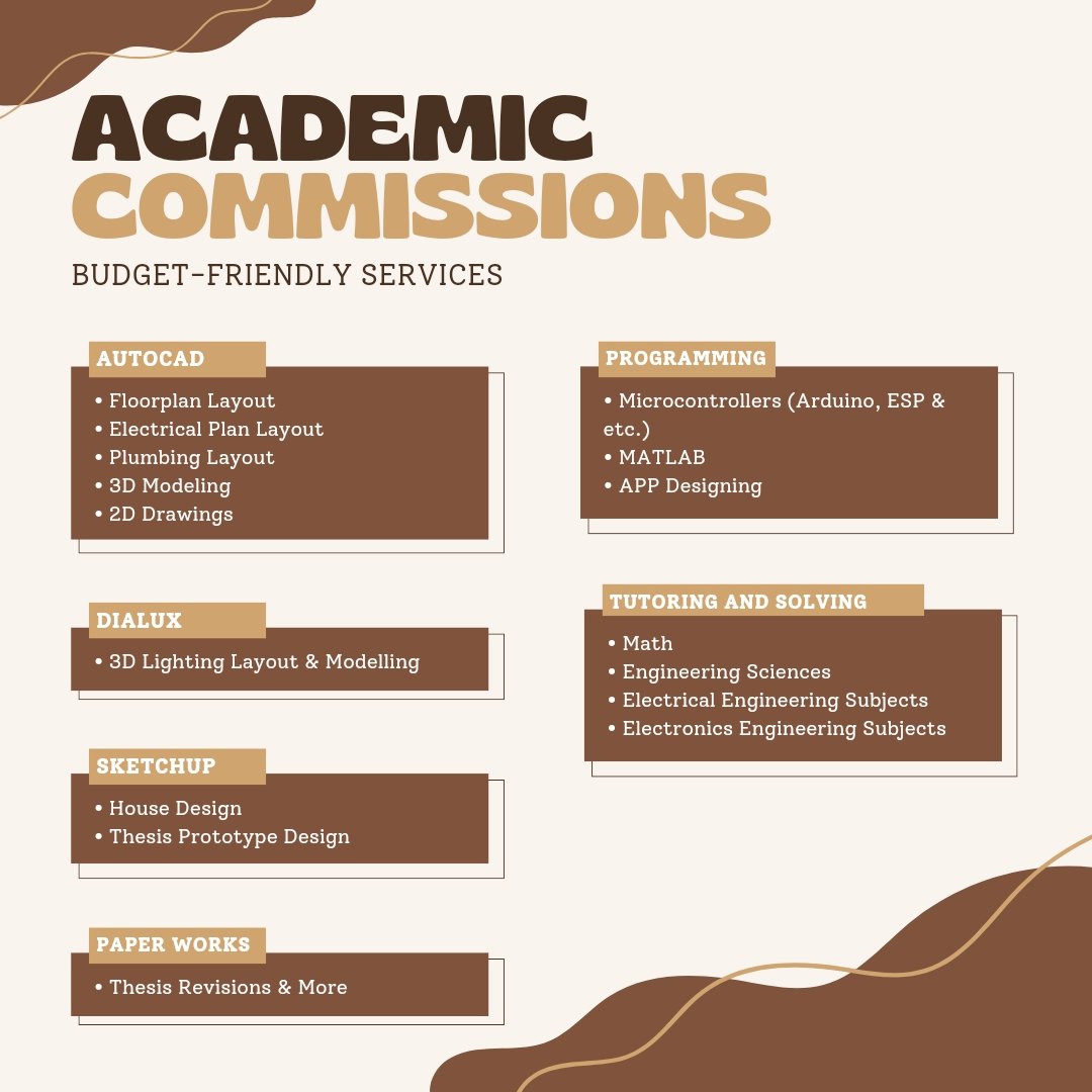 zeskza's tweet photo. Hello! I am accepting rush &amp; non-rush academic commissions.

Refer someone who needs help, and you'll earn a percentage too.

📚 Autocad, 3d design, programming, ppt, infographics, electrical engineering,  floorplan, thesis prototype, revisions, dialux, sketchup, matlab, arduino https://t.co/5c501tyxZq