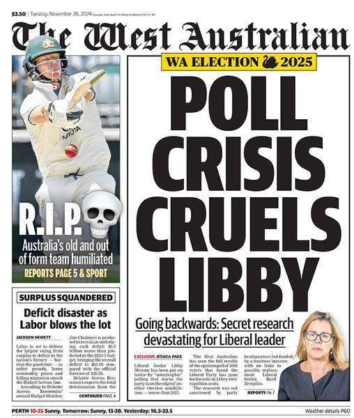 AndrewForWA's tweet photo. WA Liberals leadership spill incoming?
Today's West Australian newspaper seems to think so. The 2025 WA Election is already heating up.
👉 Show your support for my Independent campaign: https://t.co/oSxp9Vx6fn
#WApol #auspol #WAliberals #LiberalParty #WAelection #Perth #Mettam