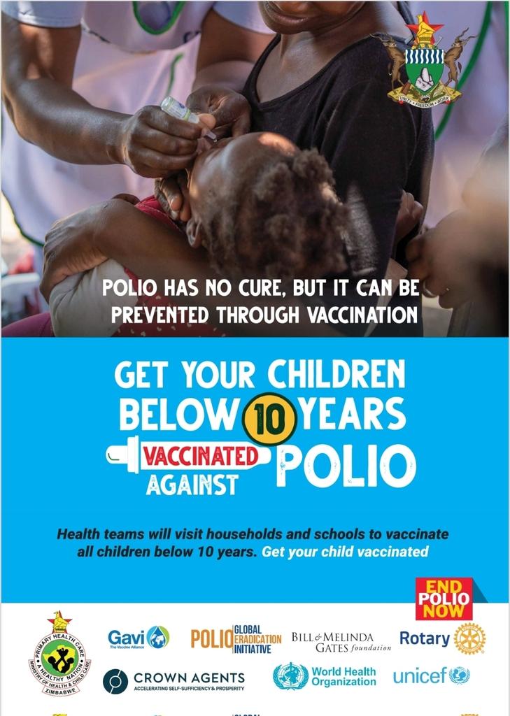 Attention Zimbabwe! 

From November 26-29, 2024, the government is leading a national polio vaccination campaign. Ensure your children under 10 receive their polio vaccine to help eliminate this disease! Every shot counts for a healthier future. Spread the word!  #EndPolio