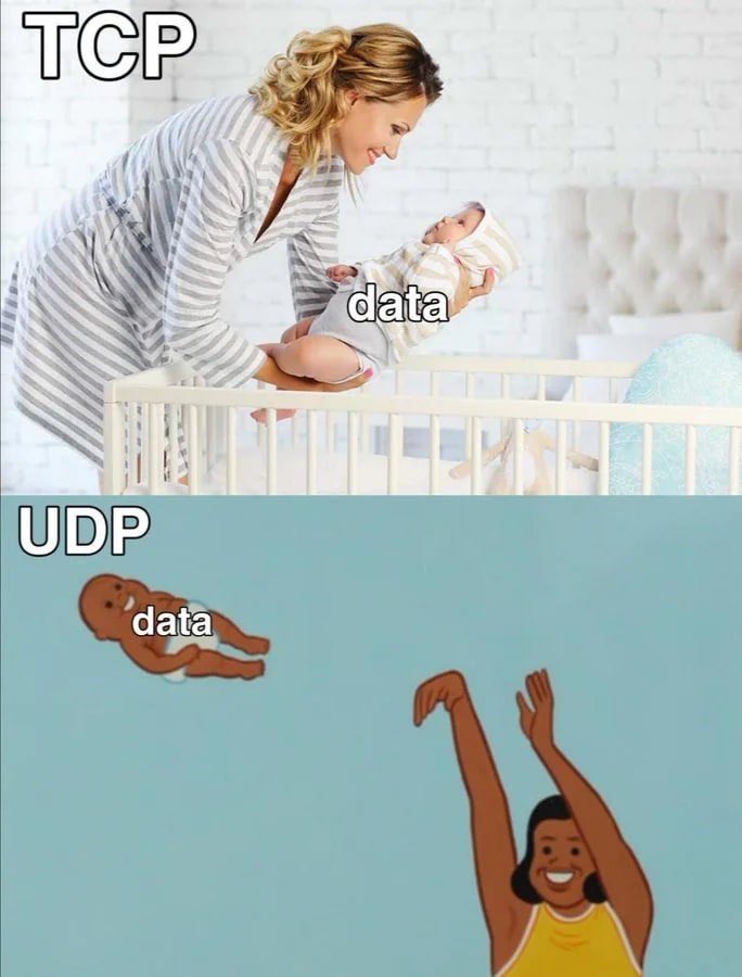 HardwarePremium's tweet image. TCP: Te entrego los datos con cuidado y amor.
UDP: Suerte, ahí te va tu data. 😂

#Networking #ProgrammersHumor