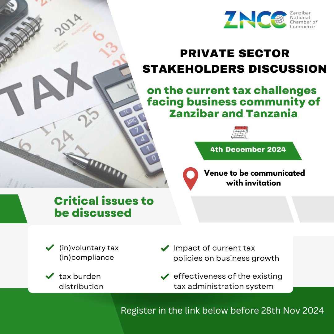 Are you in business in Zanzibar? Join the private sector stakeholders discussion on the current tax challenges facing the business community of Zanzibar and Tanzania.

Register through this link forms.gle/6LcmC8JQX26ucX… before 28th November 2024. Official invitations will be sent