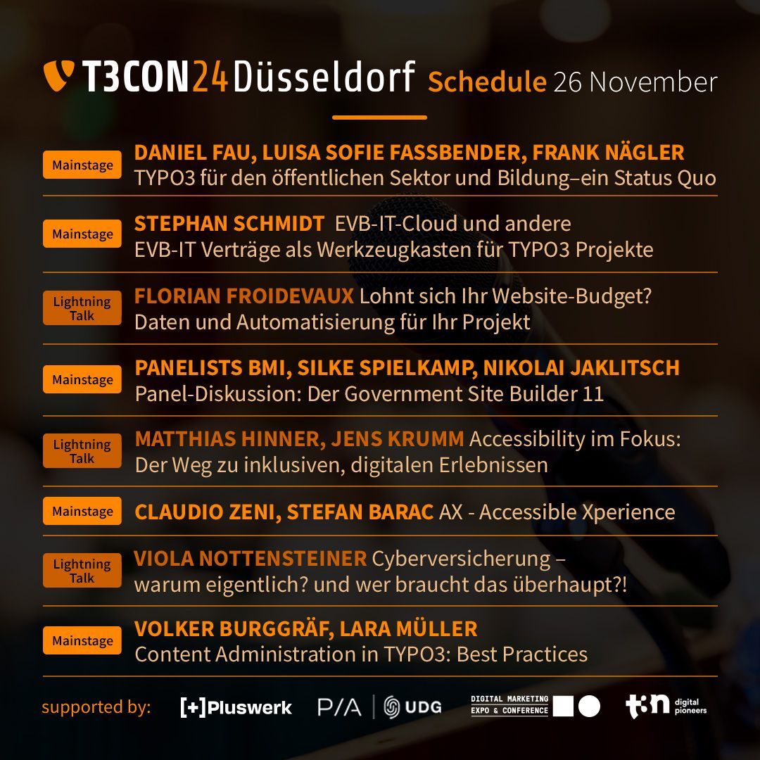 Day 1 of #T3CON24 is here and it's Public Sector Day! 🚀
Catch exciting sessions on TYPO3 for public sectors, website automation, and accessibility.

Which talk are you looking forward to the most? 🗓️ 

👉 Explore the full program: buff.ly/4fMH4ix