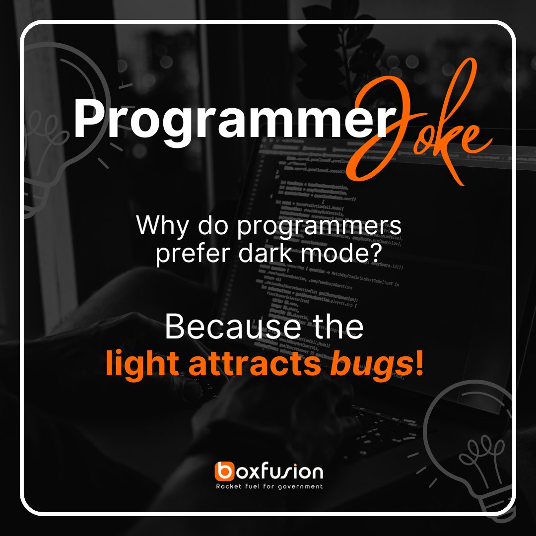 boxfusion_sa's tweet image. Less light, fewer bugs. Simple as that!
#Boxfusion #DigitalTransformation #TechFunFact #Programming #ProgrammerLife #ProgrammingJokes
