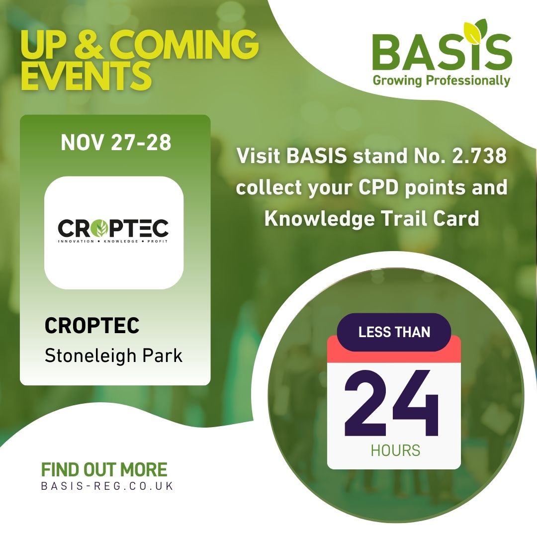 BASISRegLtd's tweet photo. Tomorrow’s the big day!

CROPTEC starts tomorrow!

Don’t miss out – visit BASIS at stand 2.738 to earn CPD points and collect your Knowledge Trail card for even more.

See you there! 🌾💼 #CROPTEC #FarmBusiness #BASIS https://t.co/4BHXoNZtmA