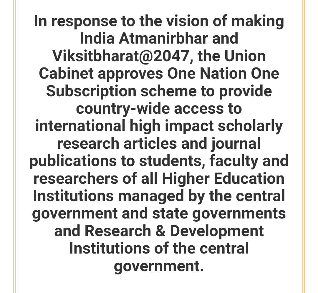 techinsights4u's tweet image. In line with the vision of Atmanirbhar Bharat and Viksit Bharat@2047, the Government of India has approved the revolutionary ONOS scheme. 

lnkd.in/gSmQAhNp

#ResearchForAll #OneNationOneSubscription #Innovation #Education #NEP2020 #AtmanirbharBharat #ViksitBharat2047