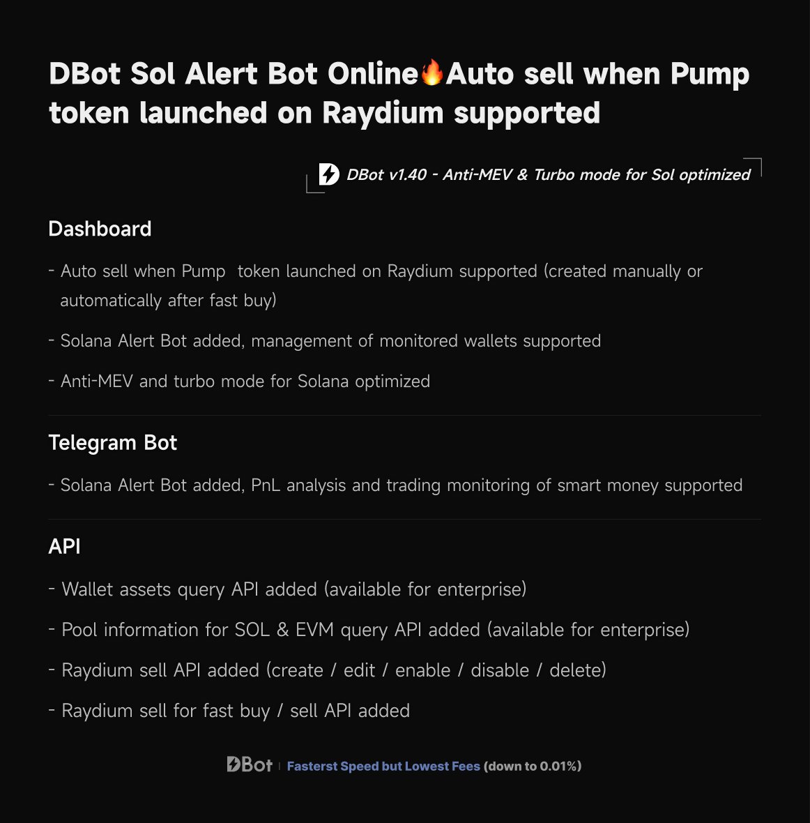 🤖DBot v1.40: Sol Alert Bot Online🔥 ⏳Auto sell when Pump token launched on  Raydium supported⚡Anti-MEV & Turbo mode for Sol optimized 🔥Sol Alert Bot  https://t.co/NeKP9gPH0r 💰Smart Money PnL Analysis & Real-Time Trade