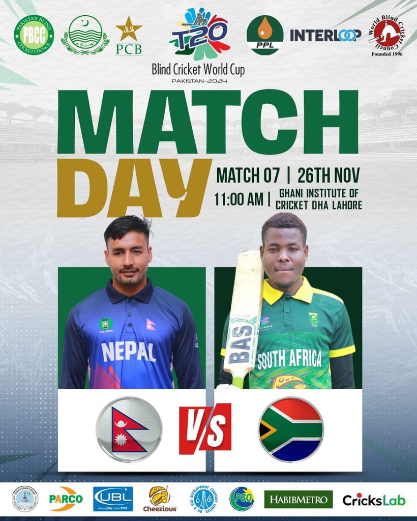 MATCH DAY 🏏

🆚 Nepal 🇳🇵 
🏆T20 Blind Cricket World Cup 
🏟️Ghani institute of Cricket DHA Lahore
🕗 08:00
📺 Pakistan Blind Cricket Council TV (YouTube)

youtube.com/live/-HFENMSmw…