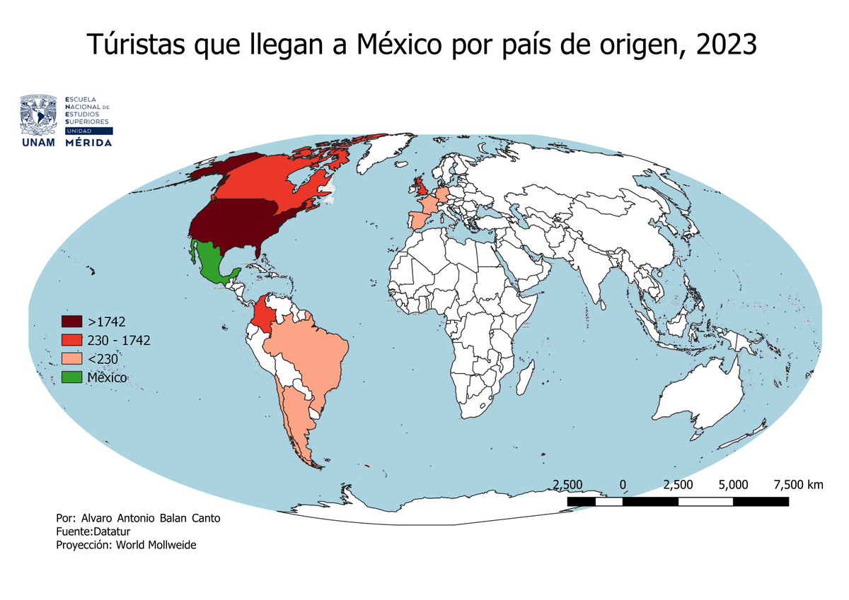 GeoEnYucatan's tweet photo. #30daymapchallenge : Proyecciones de mapas(1). Geóg. Alvaro Antonio Balan Canto. Representación del número de turistas que viajan a México por país de orígen según Datatur, en un mapa con la proyección de Mollweide. Esta proyección cartográfica, tiene la forma de un elipsoide, en https://t.co/EmMHVuaNxF