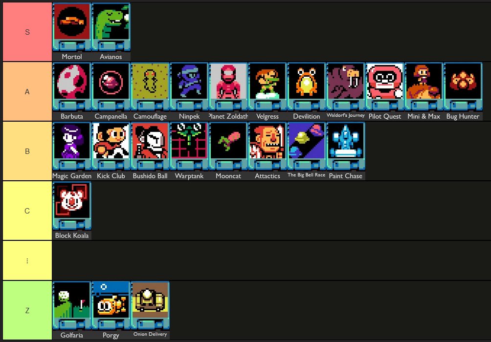 B_Suzuki_'s tweet photo. I've now played (🏆+🍒) 25 games of #UFO50 and I compressed my overall opinions on the games in this tier list. https://t.co/U3HzGGuJRg