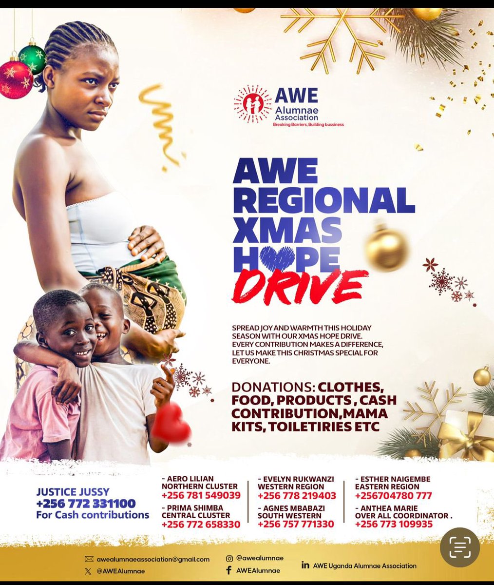 AweAlumnae's tweet image. 💥29 days to Christmas a season to give, share, and spread joy!
Join the AWE Regional Christmas Hope Drive and make a difference.

Contribute food, mama kits, toiletries, clothing, cash, or your unique products to bring smiles to those in need. 
#AWEInUganda 
#ExchangeOurWorld