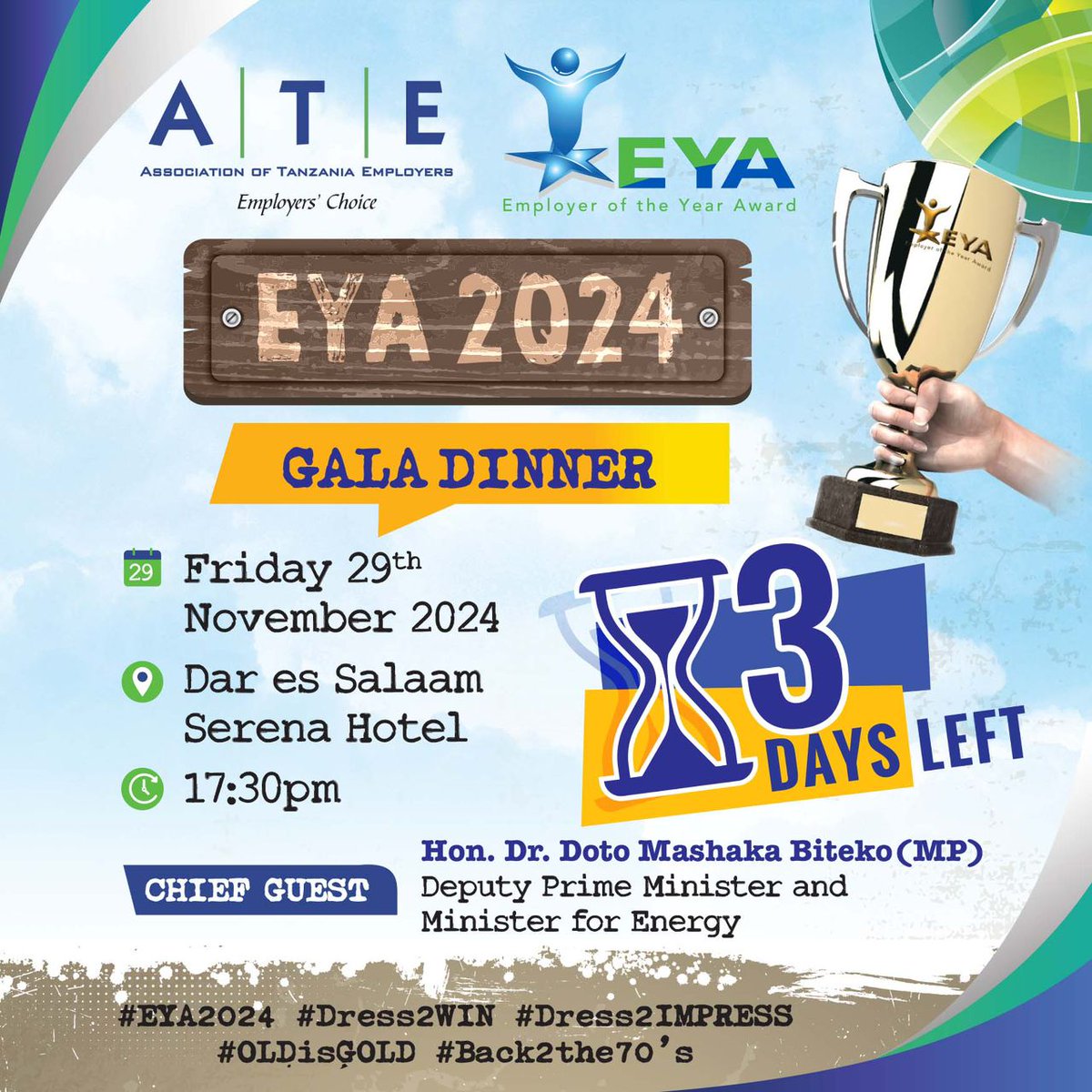 Mwaki28's tweet photo. Counting down the days! ⏳ Just 3 left until we celebrate Tanzania’s top employers with style and glamour.
Don’t miss this memorable evening of recognition, glamour, and inspiration! See you there.
#Dress2WIN #EYA2024 #OldisGold #Back2The70s https://t.co/nZftLJng1C