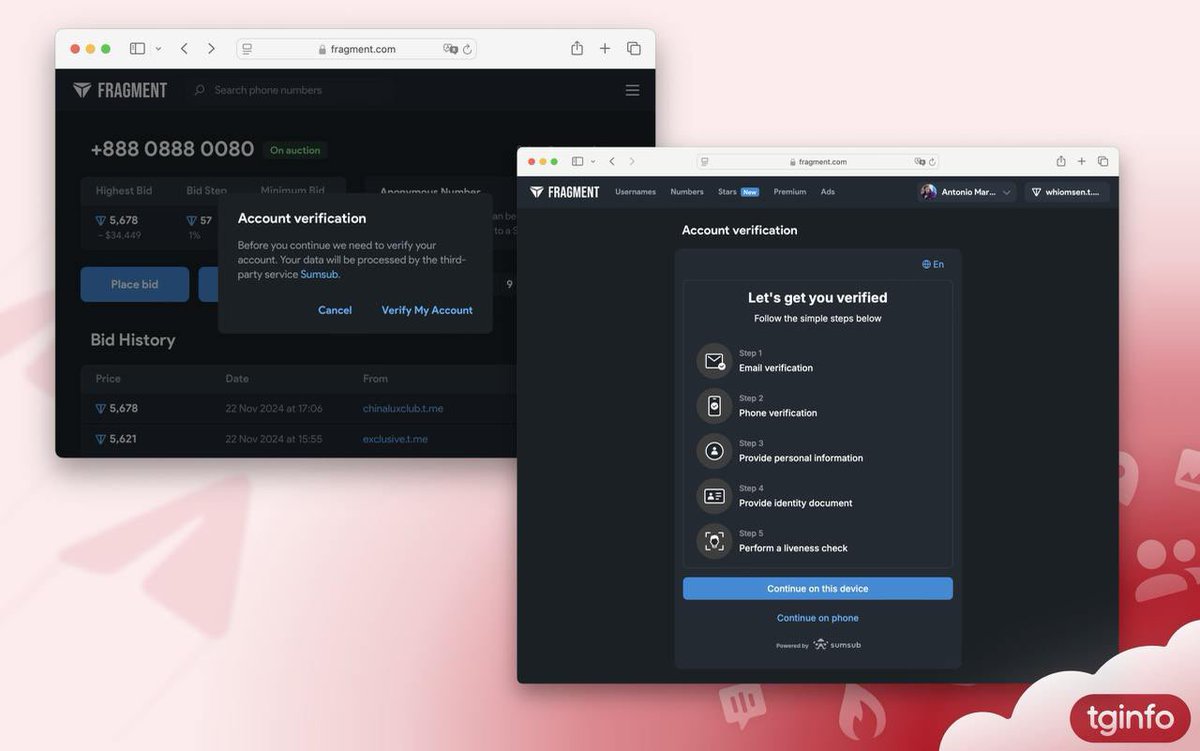 Fragment 对Telegram 服务购买和销售强制实名认证Fragment 平台引入了KYC（实名认证）程序。这意味着平台可能需要个人信息和支持文件来执行某些操作。  重要信息： • 强制验证：现在，要购买“星币”和其他服务，包括Premium 或匿名号码，您必须通过