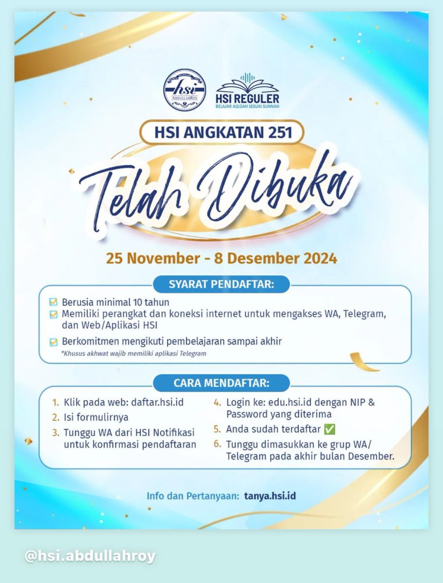 pudiza_'s tweet photo. Yuk daftar jadi santri daring HSI AbdullahRoy.

Belajar ilmu Aqidah dasar bersama Ustadz Dr. Abdullah Roy, M.A. Hafizhahullah.
Klik disini ⤵️
       https://t.co/N2nBHDHahp https://t.co/gxZ1xXrvCh