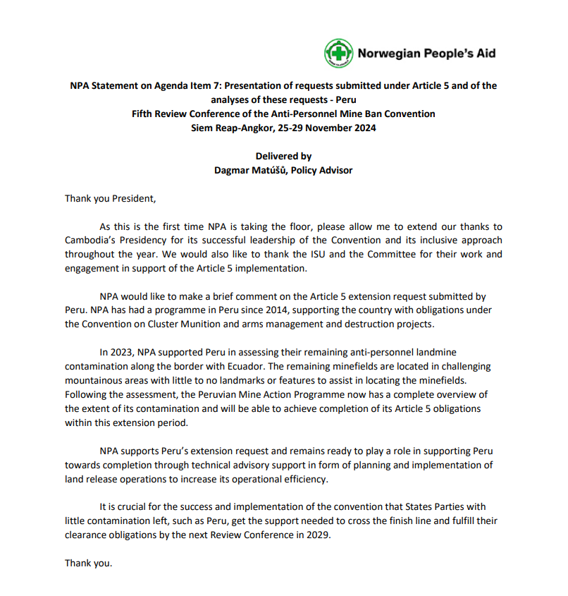 NPAdisarm's tweet photo. 🇵🇪 In our response to Peru's A5 Extension Request, we reiterated that we stand ready to support Peru - a long time partner - in implementing their clearance obligations. Please read the full statement below. #APMBC https://t.co/yll3YA7Mry
