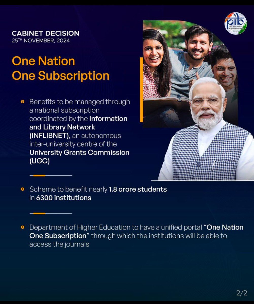 ugc_india's tweet photo. Cabinet approves One Nation One Subscription (ONOS)

Union Cabinet approved One Nation One Subscription,  a new Central Sector Scheme for providing country-wide access to scholarly research articles and journal publications.

The scheme will be administered through a simple, user friendly and fully digital process. This will be a “One Nation One Subscription” facility for the government higher education institutions and R&D laboratories of the central government.

Read here: https://t.co/XpCs31JtQc

#CabinetDecisions