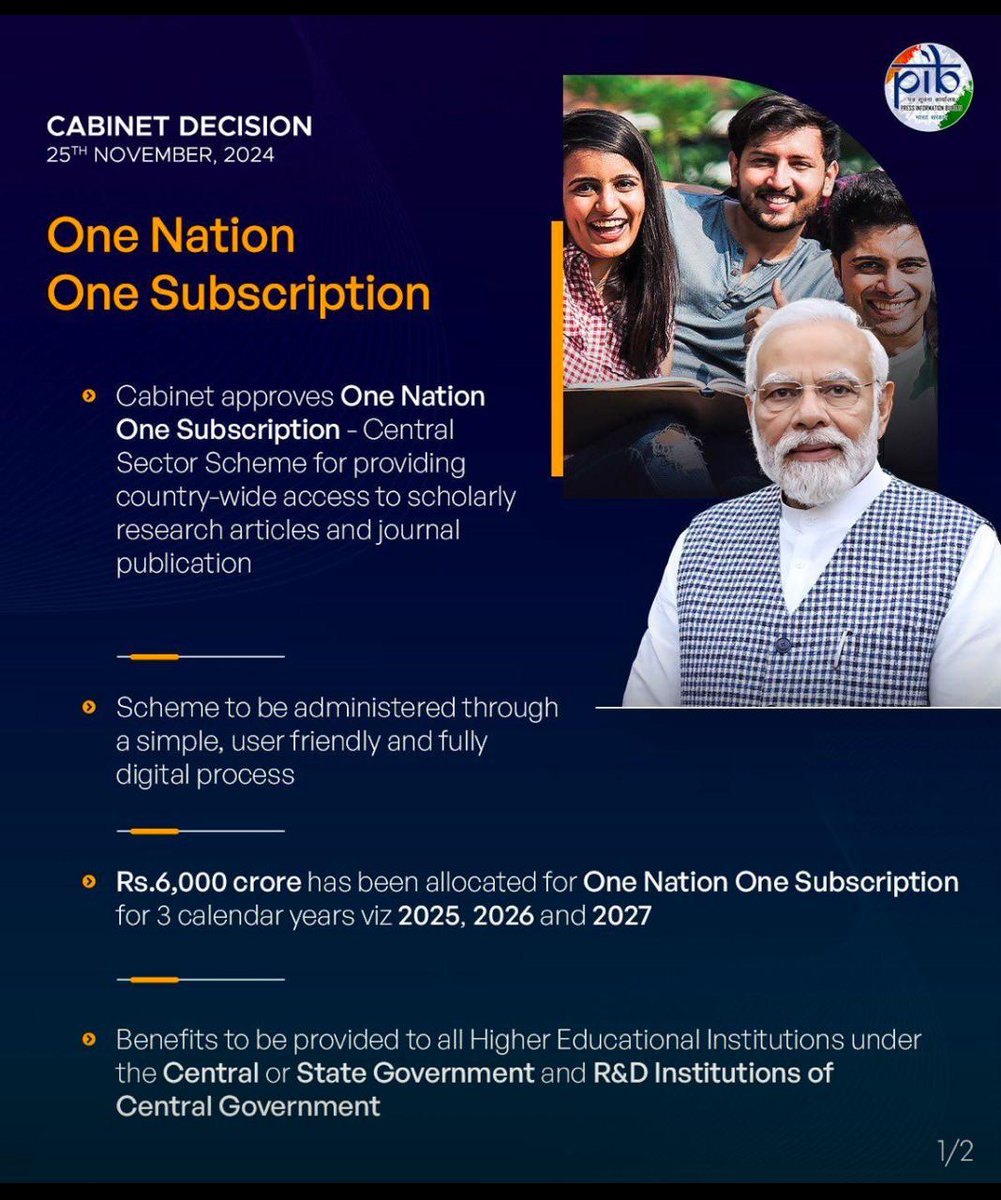 ugc_india's tweet photo. Cabinet approves One Nation One Subscription (ONOS)

Union Cabinet approved One Nation One Subscription,  a new Central Sector Scheme for providing country-wide access to scholarly research articles and journal publications.

The scheme will be administered through a simple, user friendly and fully digital process. This will be a “One Nation One Subscription” facility for the government higher education institutions and R&D laboratories of the central government.

Read here: https://t.co/XpCs31JtQc

#CabinetDecisions