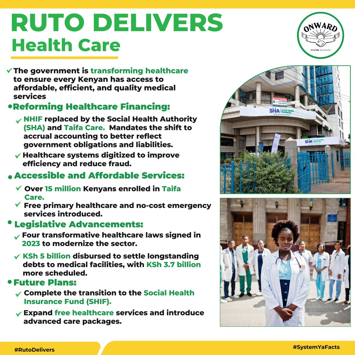 SamiraTJ_'s tweet photo. The government is transforming healthcare to ensure all Kenyans have access to affordable, efficient, and quality medical services. With reforms to healthcare financing and accessibility, the future of healthcare is brighter than ever. Kazi Inafanyika #RutoIsDelivering https://t.co/117SVy2kcH