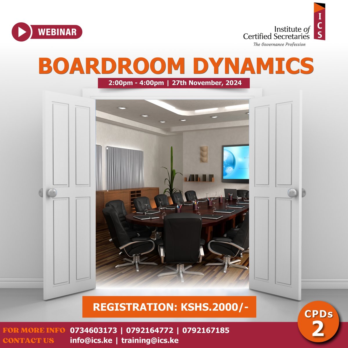 ICS_Kenya's tweet image. 𝐑𝐞𝐦𝐢𝐧𝐝𝐞𝐫!
Boardroom Dynamics Webinar 

🗓 Date: Wednesday, November 27, 2024
⏰ Time: 2:00 PM - 4:00 PM
💰 Fees: Kshs. 2,000 (members &amp;amp; non-members)
🎓 CPD Credit: 2 CPD points

Register now: 👉 events.ics.ke/events/delegat…

#BoardroomDynamics #GovernanceMatters
