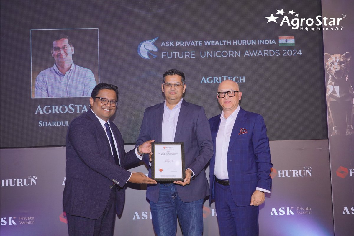agrostar_in's tweet photo. Honoured to receive the 2024 @HurunReportInd Future Unicorn Award - AgriTech! π
We are grateful to our farmers, partners & #AgStars who have been an integral part of our journey of #HelpingFarmersWin . Together, weβre redefining whatβs possible in Indian agriculture. π± https://t.co/eWFo9ENMv2