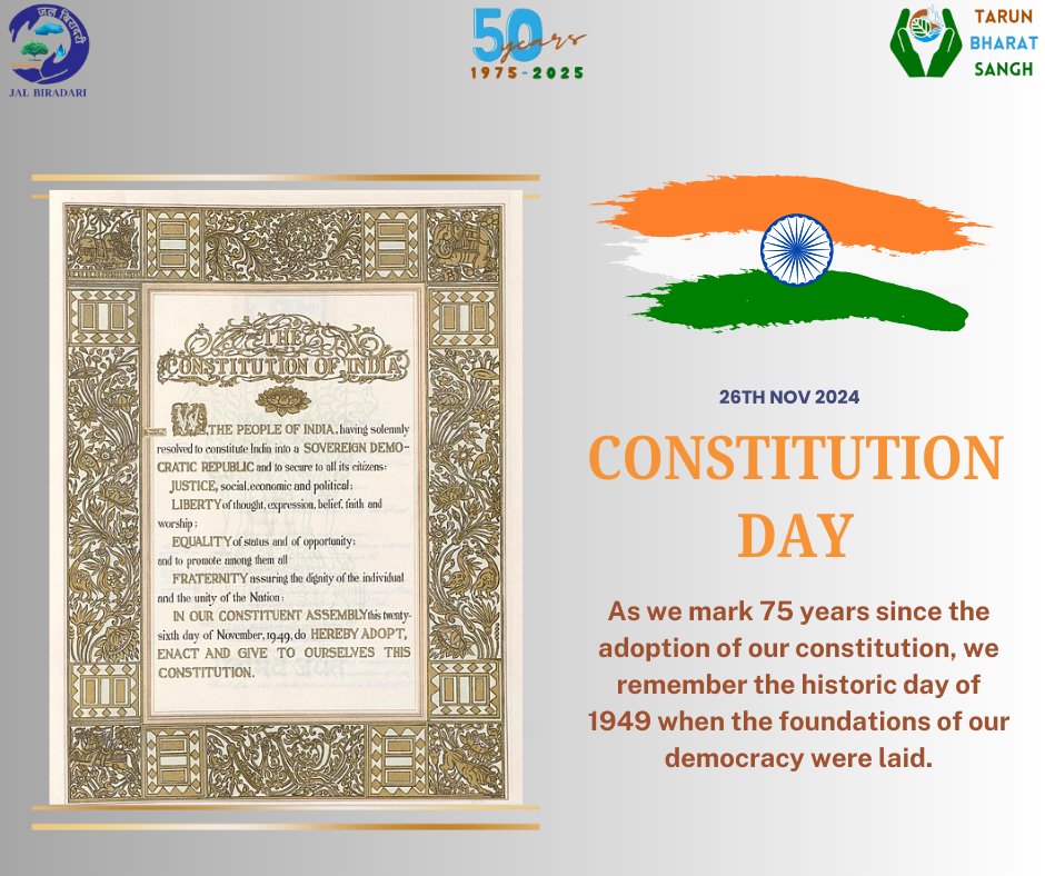 watermanofindia's tweet photo. #HAPPY_CONSTITUTION_DAY
As we mark 75 years since the adoption of our constitution, we remember the historic day of 1949 when the foundations of our democracy were laid.
this #ConstitutionDay, let's pledge to uphold its values justice, liberty, equality &amp; fraternity. https://t.co/TSKQ16quod