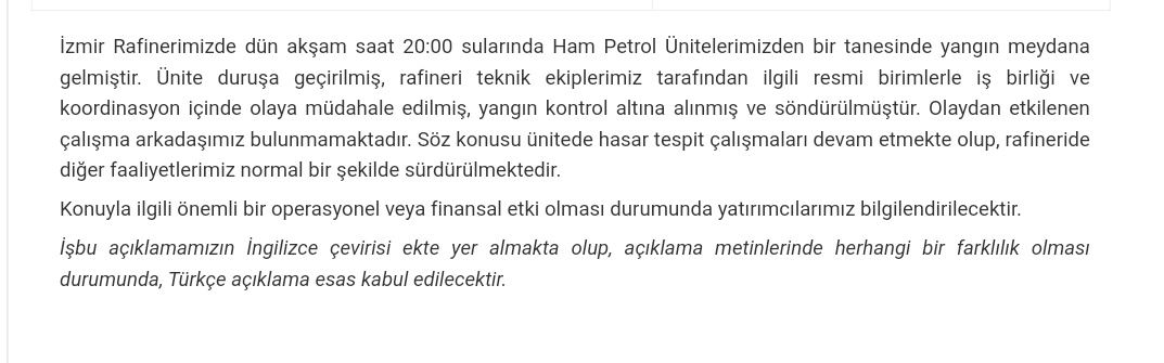 #TUPRS Dün, İzmit Rarinerinde yangın çıktı. 

Yangın çıkan ünite duruşa geçti.

Hasar tespit çalışmaları devam ediyor.